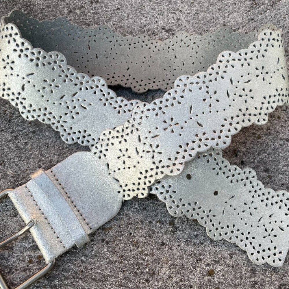 Vintage Oleg Santini Women Belt Genuine Leather Silver Tone Wide waistband Sz S